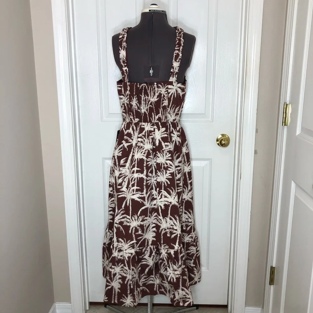 Express Cotton Blend Brown White Tropical Halter Neck Summer Brunch Midi Dress M - Picture 8 of 15